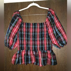 Draper James Red & Black Smocked Plaid Women's Top